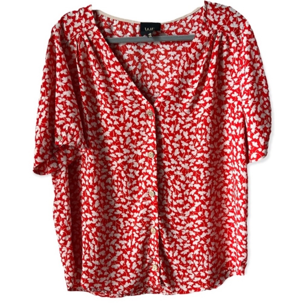 W5 Orange Red and White Floral Blouse with V-Neckline